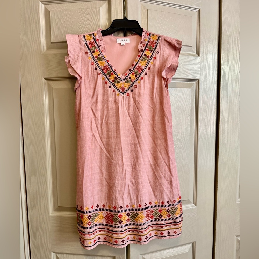 THML Pink Embroidered V-Neck Boho Dress